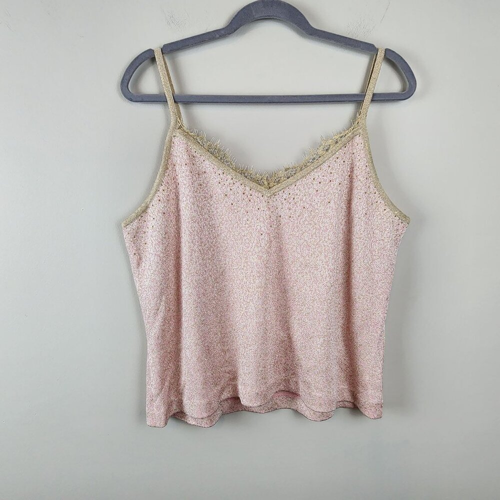 St. John  sz XL Pink  Gold Shimmer knit Top Rhinestones  Lace Trim Festive